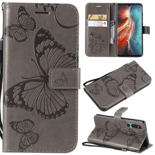 Saturcase Coque Pour Huawei P30, Papillon Gaufrage Pu Cuir Magnétique Flip Portefeuille Support Porte-Carte Protecteur Coque Housse Étui Avec Dragonne Pour Huawei P30 (Gris)
