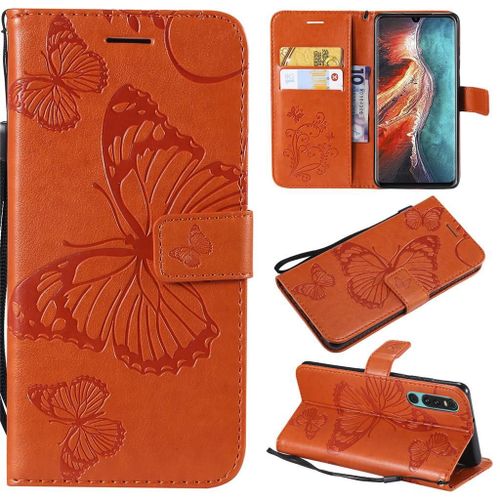 Saturcase Coque Pour Huawei P30, Papillon Gaufrage Pu Cuir Magnétique Flip Portefeuille Support Porte-Carte Protecteur Coque Housse Étui Avec Dragonne Pour Huawei P30 (Orange)
