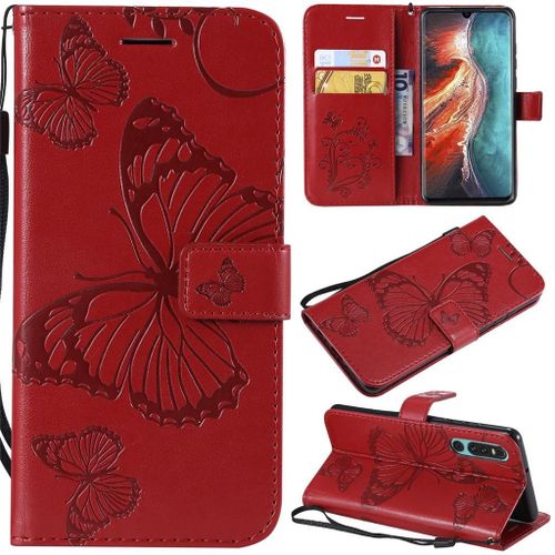 Saturcase Coque Pour Huawei P30, Papillon Gaufrage Pu Cuir Magnétique Flip Portefeuille Support Porte-Carte Protecteur Coque Housse Étui Avec Dragonne Pour Huawei P30 (Rouge)