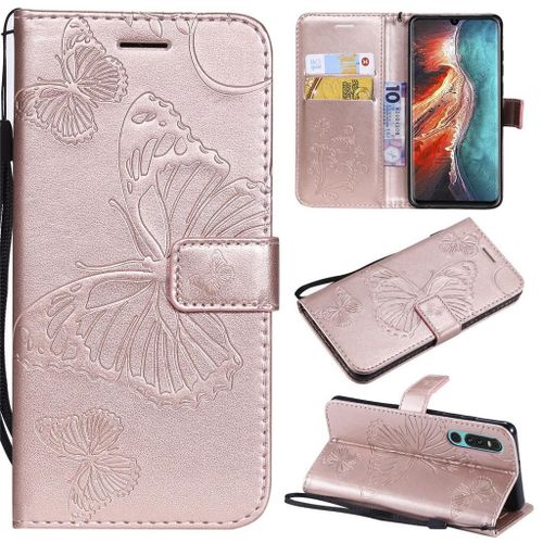 Saturcase Coque Pour Huawei P30, Papillon Gaufrage Pu Cuir Magnétique Flip Portefeuille Support Porte-Carte Protecteur Coque Housse Étui Avec Dragonne Pour Huawei P30 (Or Rose)