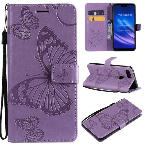 Xiaomi Mi 8 Lite Coque, Saturcase Papillon Gaufrage Pu Cuir Magnétique Flip Portefeuille Support Porte-Carte Protecteur Coque Housse Étui Avec Dragonne Pour Xiaomi Mi 8 Lite (Violet)