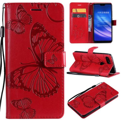 Xiaomi Mi 8 Lite Coque, Saturcase Papillon Gaufrage Pu Cuir Magnétique Flip Portefeuille Support Porte-Carte Protecteur Coque Housse Étui Avec Dragonne Pour Xiaomi Mi 8 Lite (Rouge)