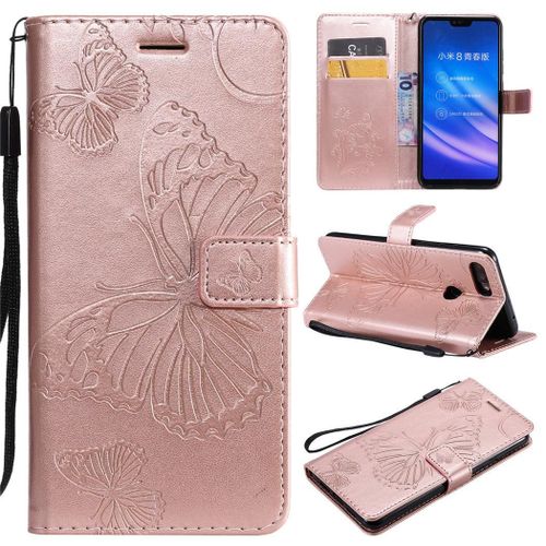 Xiaomi Mi 8 Lite Coque, Saturcase Papillon Gaufrage Pu Cuir Magnétique Flip Portefeuille Support Porte-Carte Protecteur Coque Housse Étui Avec Dragonne Pour Xiaomi Mi 8 Lite (Or Rose)