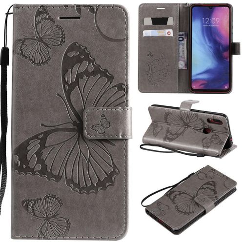 Xiaomi Redmi Note 7 Coque, Saturcase Papillon Gaufrage Pu Cuir Magnétique Flip Portefeuille Support Porte-Carte Protecteur Coque Housse Étui Avec Dragonne Pour Xiaomi Redmi Note 7 (Gris)