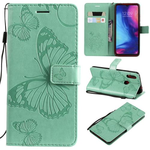 Xiaomi Redmi Note 7 Coque, Saturcase Papillon Gaufrage Pu Cuir Magnétique Flip Portefeuille Support Porte-Carte Protecteur Coque Housse Étui Avec Dragonne Pour Xiaomi Redmi Note 7 (Vert)
