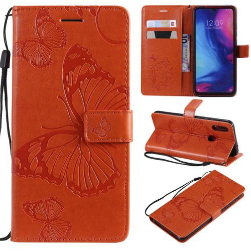 Xiaomi Redmi Note 7 Coque, Saturcase Papillon Gaufrage Pu Cuir Magnétique Flip Portefeuille Support Porte-Carte Protecteur Coque Housse Étui Avec Dragonne Pour Xiaomi Redmi Note 7 (Orange)