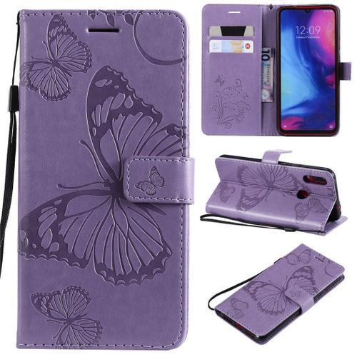 Xiaomi Redmi Note 7 Coque, Saturcase Papillon Gaufrage Pu Cuir Magnétique Flip Portefeuille Support Porte-Carte Protecteur Coque Housse Étui Avec Dragonne Pour Xiaomi Redmi Note 7 (Violet)