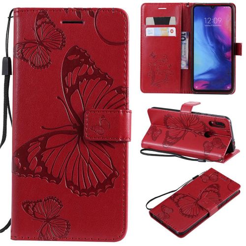 Xiaomi Redmi Note 7 Coque, Saturcase Papillon Gaufrage Pu Cuir Magnétique Flip Portefeuille Support Porte-Carte Protecteur Coque Housse Étui Avec Dragonne Pour Xiaomi Redmi Note 7 (Rouge)