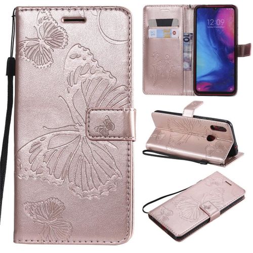 Xiaomi Redmi Note 7 Coque, Saturcase Papillon Gaufrage Pu Cuir Magnétique Flip Portefeuille Support Porte-Carte Protecteur Coque Housse Étui Avec Dragonne Pour Xiaomi Redmi Note 7 (Or Rose)