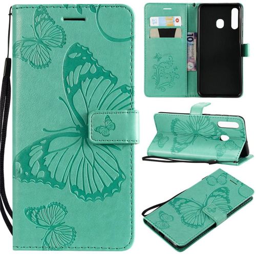 Samsung Galaxy A20 / A30 Coque, Saturcase Papillon Gaufrage Pu Cuir Magnétique Flip Portefeuille Support Porte-Carte Protecteur Coque Housse Étui Avec Dragonne Pour Samsung Galaxy A20 / A30 (Vert)