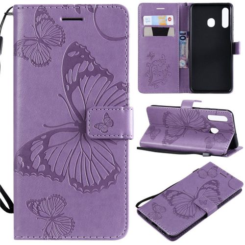 Samsung Galaxy A20 / A30 Coque, Saturcase Papillon Gaufrage Pu Cuir Magnétique Flip Portefeuille Support Porte-Carte Protecteur Coque Housse Étui Avec Dragonne Pour Samsung Galaxy A20 / A30 (Violet)
