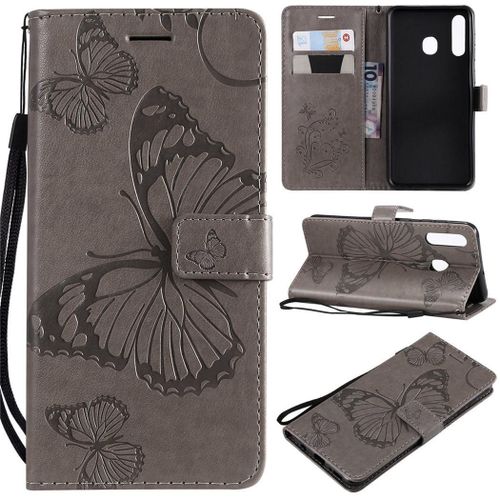 Samsung Galaxy A50 Coque, Saturcase Papillon Gaufrage Pu Cuir Magnétique Flip Portefeuille Support Porte-Carte Protecteur Coque Housse Étui Avec Dragonne Pour Samsung Galaxy A50 (Gris)