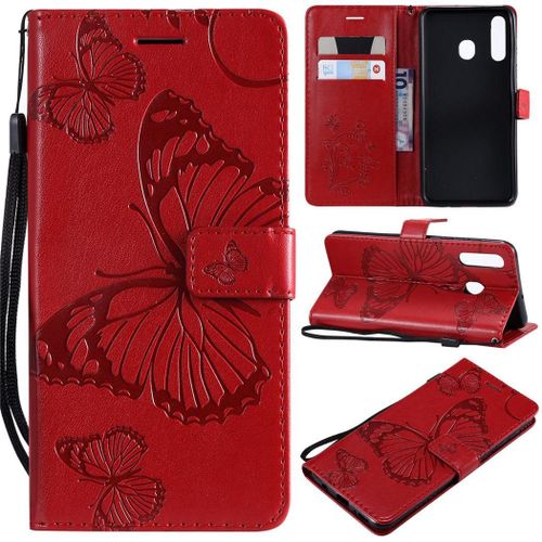 Samsung Galaxy A50 Coque, Saturcase Papillon Gaufrage Pu Cuir Magnétique Flip Portefeuille Support Porte-Carte Protecteur Coque Housse Étui Avec Dragonne Pour Samsung Galaxy A50 (Rouge)