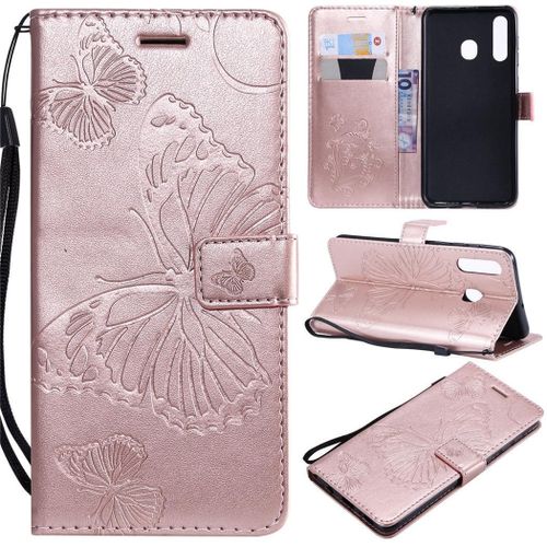 Samsung Galaxy A50 Coque, Saturcase Papillon Gaufrage Pu Cuir Magnétique Flip Portefeuille Support Porte-Carte Protecteur Coque Housse Étui Avec Dragonne Pour Samsung Galaxy A50 (Or Rose)