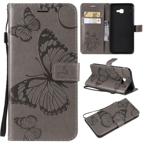 Saturcase Coque Pour Samsung Galaxy J4 Core, Papillon Gaufrage Pu Cuir Magnétique Flip Portefeuille Support Porte-Carte Protecteur Coque Housse Étui Avec Dragonne Pour Samsung Galaxy J4 Core (Gris)