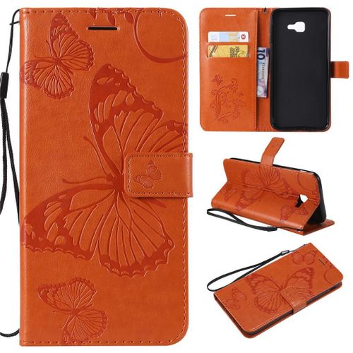 Saturcase Coque Pour Samsung Galaxy J4 Core, Papillon Gaufrage Pu Cuir Magnétique Flip Portefeuille Support Porte-Carte Protecteur Coque Housse Étui Avec Dragonne Pour Samsung Galaxy J4 Core (Orange)