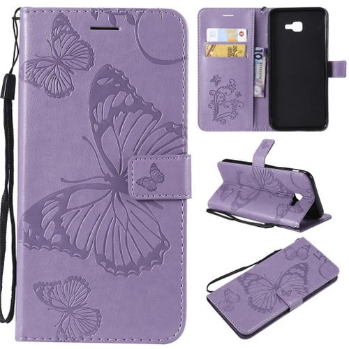 Saturcase Coque Pour Samsung Galaxy J4 Core, Papillon Gaufrage Pu Cuir Magnétique Flip Portefeuille Support Porte-Carte Protecteur Coque Housse Étui Avec Dragonne Pour Samsung Galaxy J4 Core (Violet)