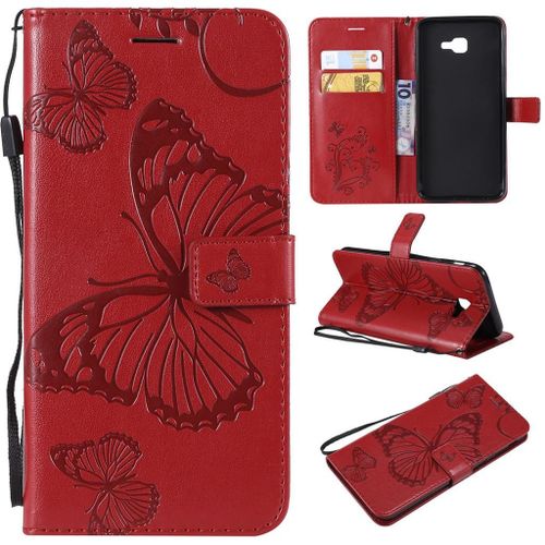 Saturcase Coque Pour Samsung Galaxy J4 Core, Papillon Gaufrage Pu Cuir Magnétique Flip Portefeuille Support Porte-Carte Protecteur Coque Housse Étui Avec Dragonne Pour Samsung Galaxy J4 Core (Rouge)