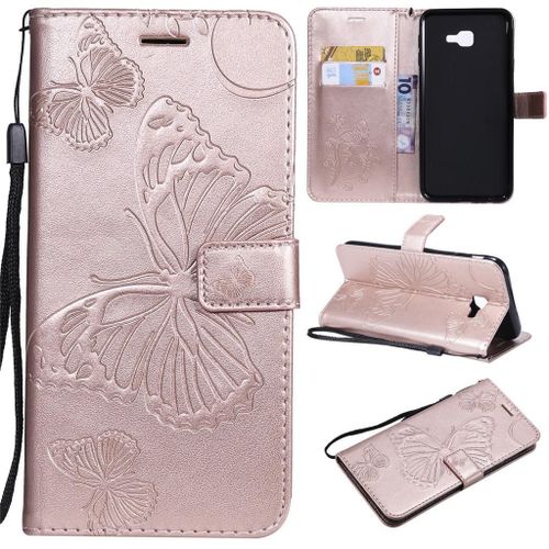 Saturcase Coque Pour Samsung Galaxy J4 Core, Papillon Gaufrage Pu Cuir Magnétique Flip Portefeuille Support Porte-Carte Protecteur Coque Housse Étui Avec Dragonne Pour Samsung Galaxy J4 Core (Or Rose)