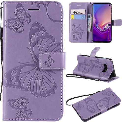 Saturcase Coque Pour Samsung Galaxy S10e, Papillon Gaufrage Pu Cuir Magnétique Flip Portefeuille Support Porte-Carte Protecteur Coque Housse Étui Avec Dragonne Pour Samsung Galaxy S10e (Violet)