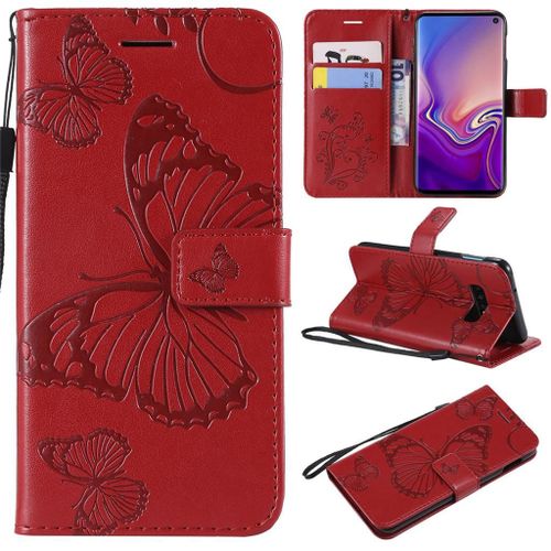 Saturcase Coque Pour Samsung Galaxy S10e, Papillon Gaufrage Pu Cuir Magnétique Flip Portefeuille Support Porte-Carte Protecteur Coque Housse Étui Avec Dragonne Pour Samsung Galaxy S10e (Rouge)