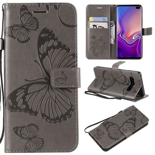 Saturcase Coque Pour Samsung Galaxy S10 Plus, Papillon Gaufrage Pu Cuir Magnétique Flip Portefeuille Support Porte-Carte Protecteur Coque Housse Étui Avec Dragonne Pour Samsung Galaxy S10 Plus (Gris)