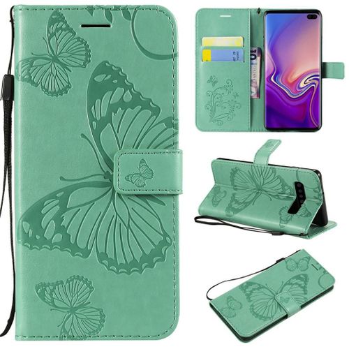 Saturcase Coque Pour Samsung Galaxy S10 Plus, Papillon Gaufrage Pu Cuir Magnétique Flip Portefeuille Support Porte-Carte Protecteur Coque Housse Étui Avec Dragonne Pour Samsung Galaxy S10 Plus (Vert)