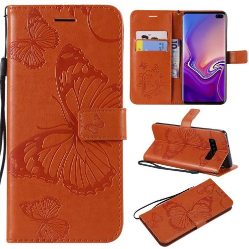 Saturcase Coque Pour Samsung Galaxy S10 Plus, Papillon Pu Cuir Magnétique Flip Portefeuille Support Porte-Carte Protecteur Coque Housse Étui Avec Dragonne Pour Samsung Galaxy S10 Plus (Orange)