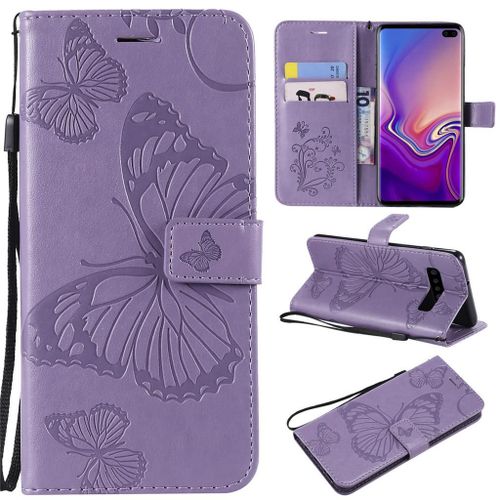 Saturcase Coque Pour Samsung Galaxy S10 Plus, Papillon Pu Cuir Magnétique Flip Portefeuille Support Porte-Carte Protecteur Coque Housse Étui Avec Dragonne Pour Samsung Galaxy S10 Plus (Violet)