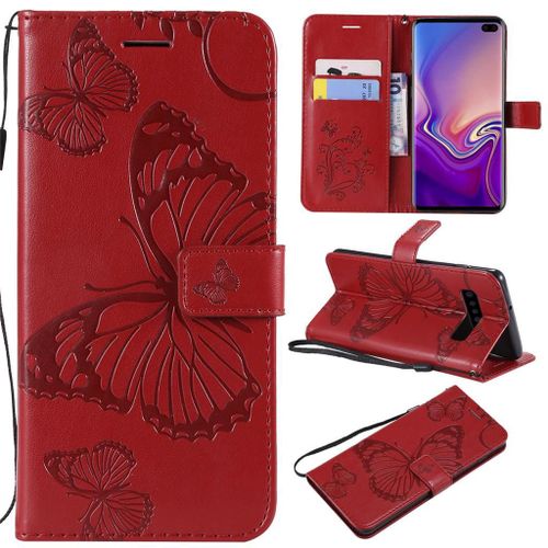 Saturcase Coque Pour Samsung Galaxy S10 Plus, Papillon Gaufrage Pu Cuir Magnétique Flip Portefeuille Support Porte-Carte Protecteur Coque Housse Étui Avec Dragonne Pour Samsung Galaxy S10 Plus (Rouge)