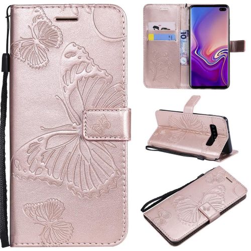 Saturcase Coque Pour Samsung Galaxy S10 Plus, Papillon Pu Cuir Magnétique Flip Portefeuille Support Porte-Carte Protecteur Coque Housse Étui Avec Dragonne Pour Samsung Galaxy S10 Plus (Or Rose)