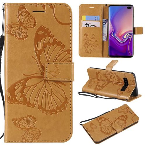 Saturcase Coque Pour Samsung Galaxy S10 Plus, Papillon Gaufrage Pu Cuir Magnétique Flip Portefeuille Support Porte-Carte Protecteur Coque Housse Étui Avec Dragonne Pour Samsung Galaxy S10 Plus (Jaune)