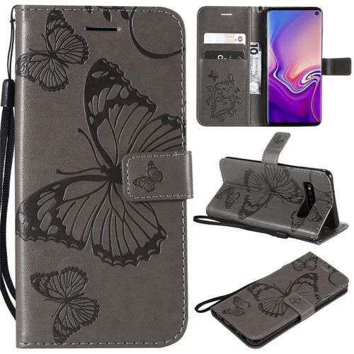 Saturcase Coque Pour Samsung Galaxy S10, Papillon Gaufrage Pu Cuir Magnétique Flip Portefeuille Support Porte-Carte Protecteur Coque Housse Étui Avec Dragonne Pour Samsung Galaxy S10 (Gris)