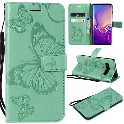 Saturcase Coque Pour Samsung Galaxy S10, Papillon Gaufrage Pu Cuir Magnétique Flip Portefeuille Support Porte-Carte Protecteur Coque Housse Étui Avec Dragonne Pour Samsung Galaxy S10 (Vert)