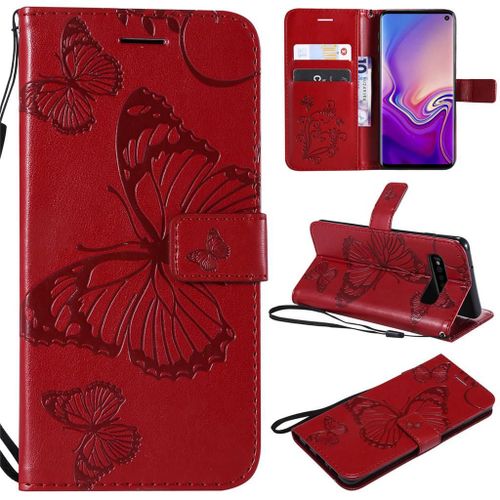 Saturcase Coque Pour Samsung Galaxy S10, Papillon Gaufrage Pu Cuir Magnétique Flip Portefeuille Support Porte-Carte Protecteur Coque Housse Étui Avec Dragonne Pour Samsung Galaxy S10 (Rouge)