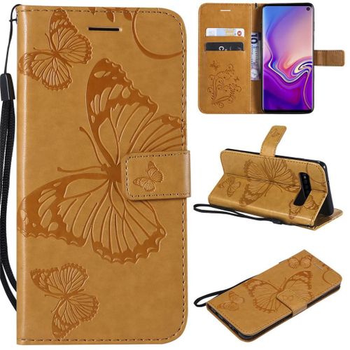 Saturcase Coque Pour Samsung Galaxy S10, Papillon Gaufrage Pu Cuir Magnétique Flip Portefeuille Support Porte-Carte Protecteur Coque Housse Étui Avec Dragonne Pour Samsung Galaxy S10 (Jaune)