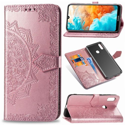 Huawei Y6 2019 Coque, Saturcase Mandala Gaufrage Pu Cuir Magnétique Flip Portefeuille Support Porte-Carte Protecteur Coque Housse Étui Avec Dragonne Pour Huawei Y6 2019 / Y6 Prime 2019 (Or Rose)