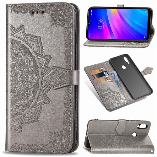 Xiaomi Redmi 7 Coque, Saturcase Mandala Gaufrage Pu Cuir Magnétique Flip Portefeuille Support Porte-Carte Protecteur Coque Housse Étui Avec Dragonne Pour Xiaomi Redmi 7 (Gris)