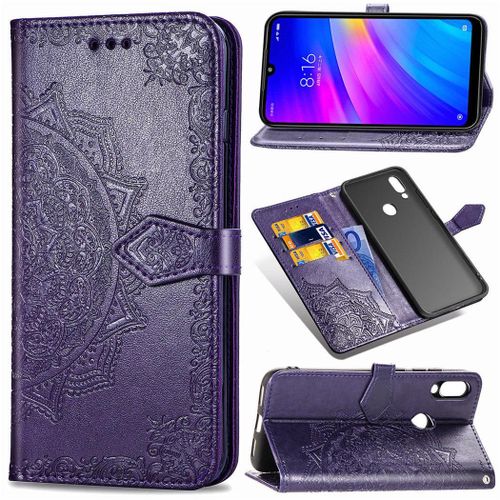 Xiaomi Redmi 7 Coque, Saturcase Mandala Gaufrage Pu Cuir Magnétique Flip Portefeuille Support Porte-Carte Protecteur Coque Housse Étui Avec Dragonne Pour Xiaomi Redmi 7 (Violet)