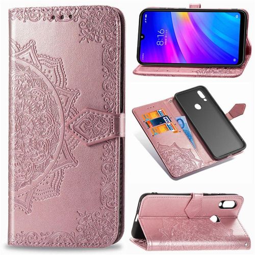 Xiaomi Redmi 7 Coque, Saturcase Mandala Gaufrage Pu Cuir Magnétique Flip Portefeuille Support Porte-Carte Protecteur Coque Housse Étui Avec Dragonne Pour Xiaomi Redmi 7 (Or Rose)