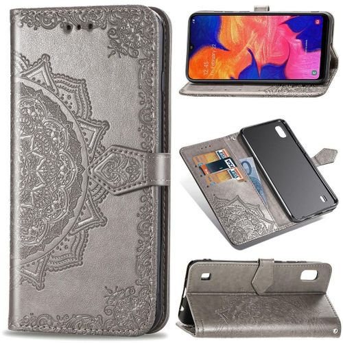 Samsung Galaxy A10 / M10 Coque, Saturcase Mandala Gaufrage Pu Cuir Magnétique Flip Portefeuille Support Porte-Carte Protecteur Coque Housse Étui Avec Dragonne Pour Samsung Galaxy A10 / M10 (Gris)