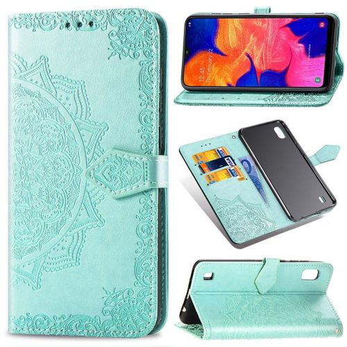 Samsung Galaxy A10 / M10 Coque, Saturcase Mandala Gaufrage Pu Cuir Magnétique Flip Portefeuille Support Porte-Carte Protecteur Coque Housse Étui Avec Dragonne Pour Samsung Galaxy A10 / M10 (Vert)