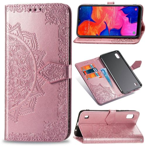 Samsung Galaxy A10 / M10 Coque, Saturcase Mandala Gaufrage Pu Cuir Magnétique Flip Portefeuille Support Porte-Carte Protecteur Coque Housse Étui Avec Dragonne Pour Samsung Galaxy A10 / M10 (Or Rose)