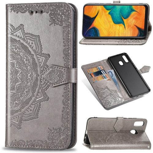 Samsung Galaxy A20 / A30 Coque, Saturcase Mandala Gaufrage Pu Cuir Magnétique Flip Portefeuille Support Porte-Carte Protecteur Coque Housse Étui Avec Dragonne Pour Samsung Galaxy A20 / A30 (Gris)
