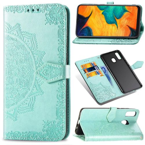 Samsung Galaxy A20 / A30 Coque, Saturcase Mandala Gaufrage Pu Cuir Magnétique Flip Portefeuille Support Porte-Carte Protecteur Coque Housse Étui Avec Dragonne Pour Samsung Galaxy A20 / A30 (Vert)