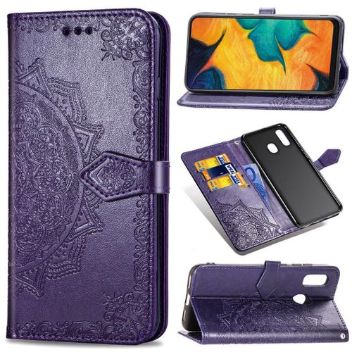 Samsung Galaxy A20 / A30 Coque, Saturcase Mandala Gaufrage Pu Cuir Magnétique Flip Portefeuille Support Porte-Carte Protecteur Coque Housse Étui Avec Dragonne Pour Samsung Galaxy A20 / A30 (Violet)