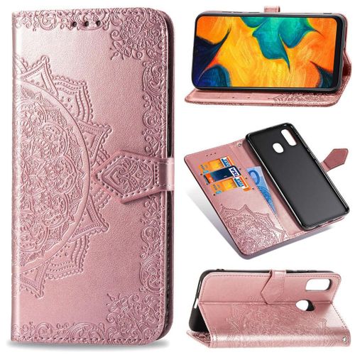 Samsung Galaxy A20 / A30 Coque, Saturcase Mandala Gaufrage Pu Cuir Magnétique Flip Portefeuille Support Porte-Carte Protecteur Coque Housse Étui Avec Dragonne Pour Samsung Galaxy A20 / A30 (Or Rose)