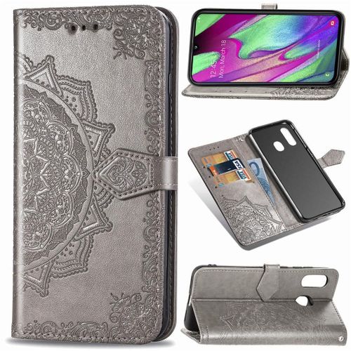 Samsung Galaxy A40 Coque, Saturcase Mandala Gaufrage Pu Cuir Magnétique Flip Portefeuille Support Porte-Carte Protecteur Coque Housse Étui Avec Dragonne Pour Samsung Galaxy A40 (Gris)