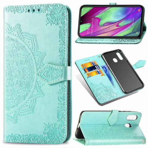 Samsung Galaxy A40 Coque, Saturcase Mandala Gaufrage Pu Cuir Magnétique Flip Portefeuille Support Porte-Carte Protecteur Coque Housse Étui Avec Dragonne Pour Samsung Galaxy A40 (Vert)