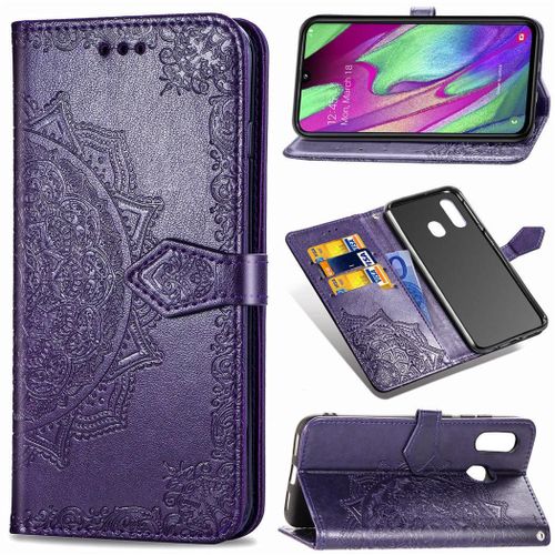 Samsung Galaxy A40 Coque, Saturcase Mandala Gaufrage Pu Cuir Magnétique Flip Portefeuille Support Porte-Carte Protecteur Coque Housse Étui Avec Dragonne Pour Samsung Galaxy A40 (Violet)